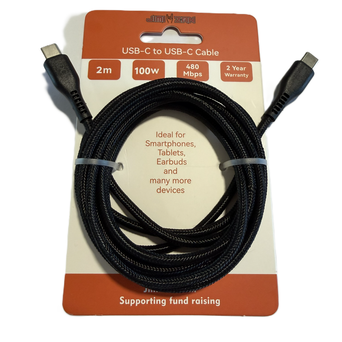 2M USBC to USBC 100W Cable, 480Mbps for data and charging - Black Braided