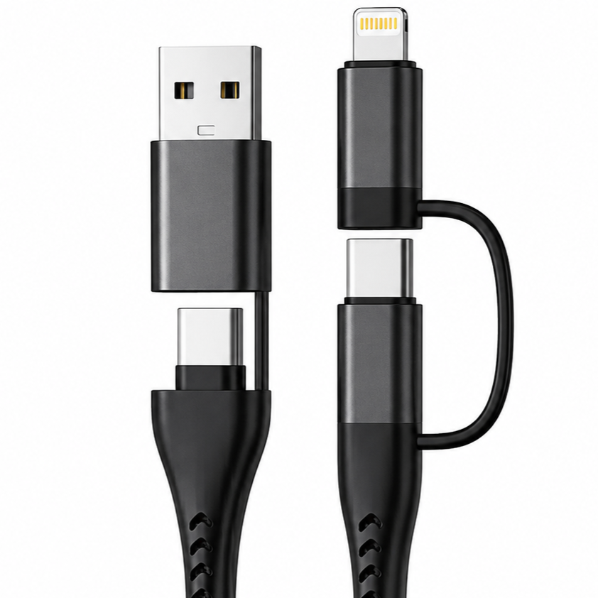 4 in 1 Cable USB-C to USB-C with connectors for USB-A and Lightning