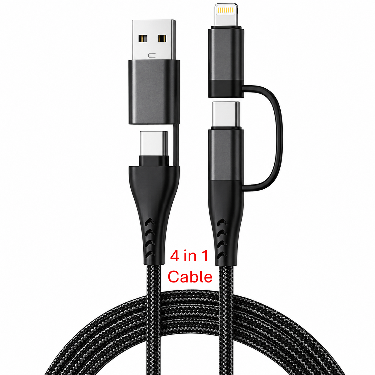 4 in 1 Cable USB-C to USB-C with connectors for USB-A and Lightning