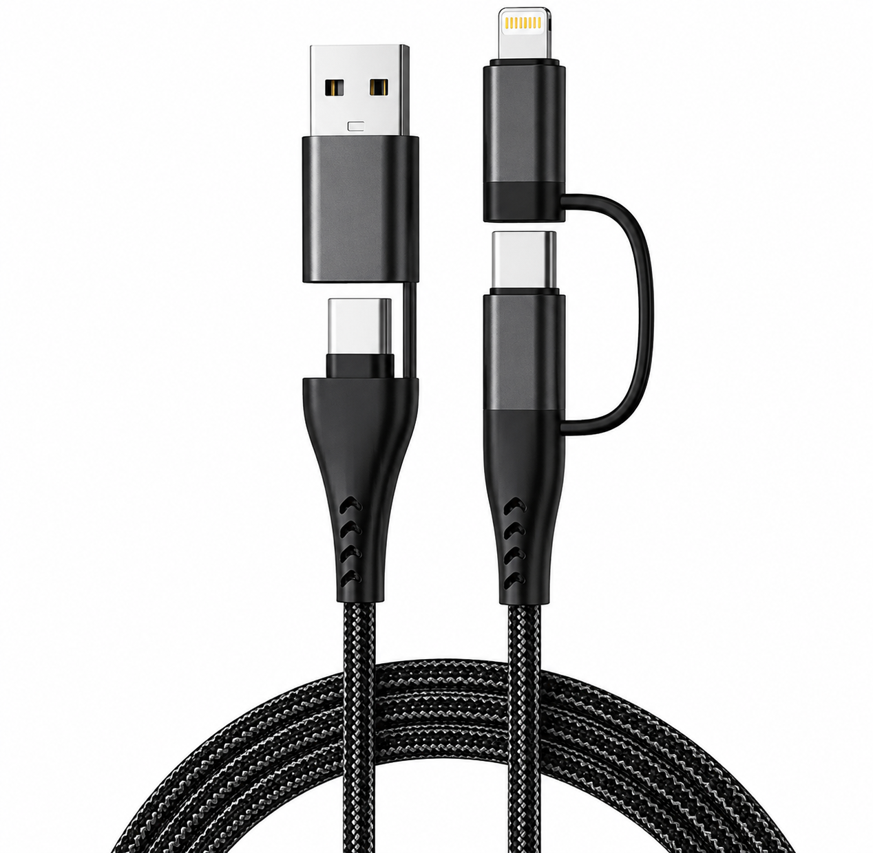 4 in 1 Cable USB-C to USB-C with connectors for USB-A and Lightning